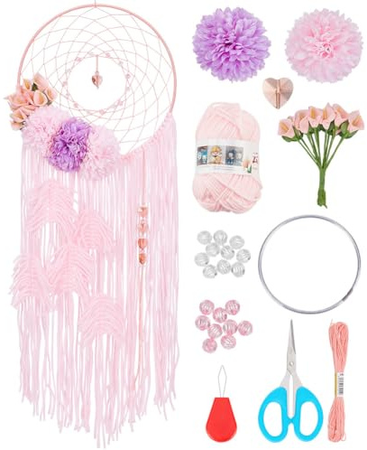 INFUNLY Rosa DIY-Traumfänger-Set Für Erwachsene, Anfänger, Basteln Sie Ihr Eigenes Traumfänger-Set, Handgefertigte Traumfänger-Bastelsets Mit Quaste, Anleitung Im Lieferumfang Enthalten, Wandfenster,