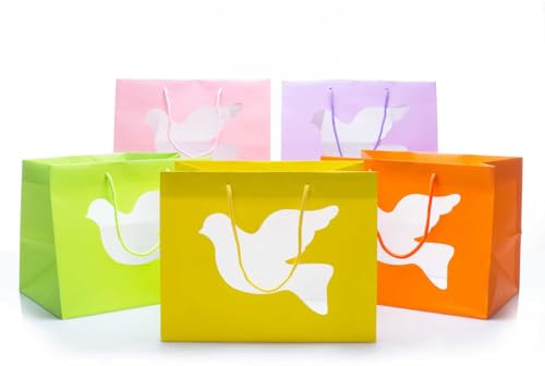 10 pz Buste carta con manico colorate pasquali, Shopper carta kraft Pasqua 32+22x26 cm, Buste take away con sagoma colomba pasquale