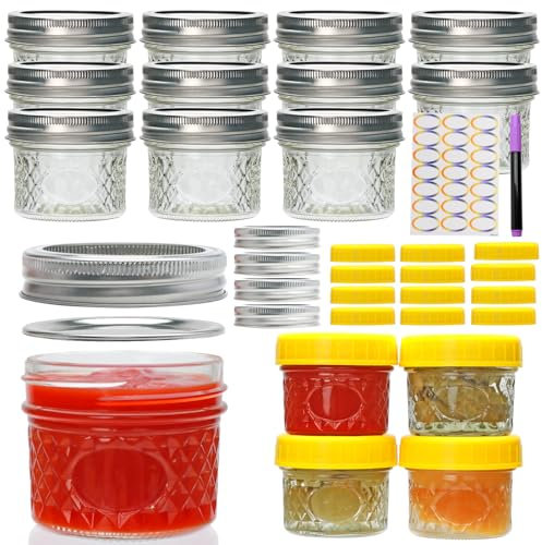 Datttcc 4 oz Mason Jars, Mini Glass Jars, Small Mason Jars with Silver and Yellow Lids for Honey, Jams, Seasonings, for Kitchen, Bathroom, Gift Giving, Pack of 16