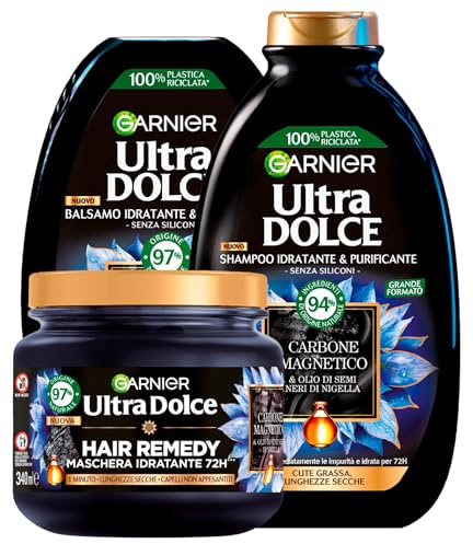 Garnier Fructis Haarpflege-Set Wahre Schätze Shampoo Fettige Haare 400ml + Spulung 360ml + 1-Minute Haarkur 340ml Für Fettiger Kopfhaut und Trockenen Längen Ultra Dolce - 3er Set