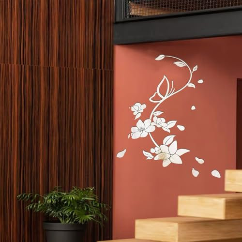 Adesivo a specchio, Adesivo murale a fiore acrilico, Specchio adesivo murale a farfalla 3D, Decorazione murale autoadesivo floreale rimovibile per soggiorno Camere da letto Bagno (argento)