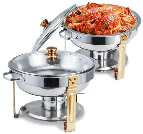 SETLUX 5QT Round Chafers for Catering Chafing Dishes for Buffet Gold Set,Chafers and Buffet Warmers Sets for Parties 4.5L(Gold 2 Pack)