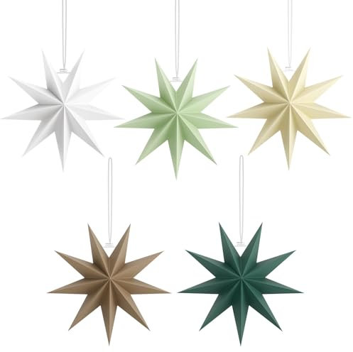 5pcs Paper Star Lanterns 9 Pointed 30cm Christmas Hanging Decorations DIY 3D Hanging Paper Stars for Christmas Birthday Wedding Party Decoration