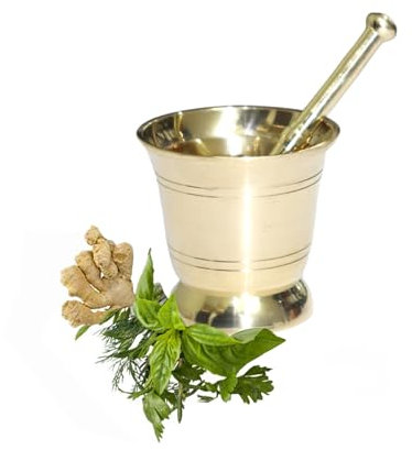 BRACOP Messing Mörser und Stößel goldfarben Hamam Dasta Küchenhelfer Kräuter- und Ingwermühle Gewürzmühle Schüssel Molcajete Kochutensilien Mörser und Stößel 2er-Set indisches Geschenk Mühle Küche