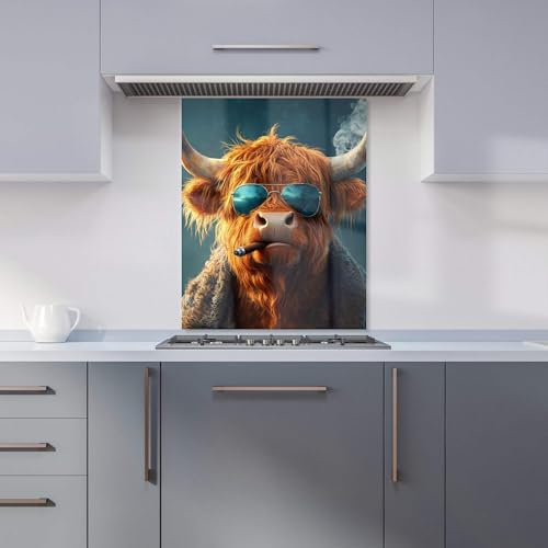 Premium Highland Cow With Glasses Kitchen Splashback 6mm Toughened Glass Kitchen Splashback – Heat Resistant Splashback for Kitchens, Perfect for Cookers and Hobs, Polished Edges