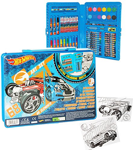 68 TLG. Set__ Stifte-Koffer - Auto - kompatibel mit Hot Wheels - Malkoffer mit Stiften + Filzstifte + Buntstifte + Pastellkreiden + Wasser Farben + Wachs..