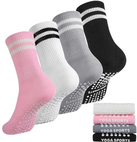 Halinuia 4 Paare Pilates Socken Damen Yoga Grip Socken 35-42 | Rutschsocken Stoppersocken Rutschfeste Sportsocken mit Noppen für Yoga Ballett Tanz Fitness