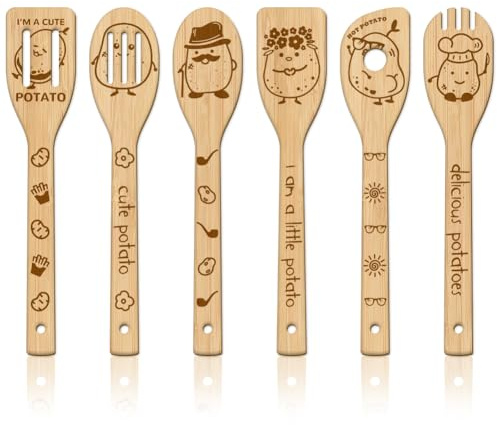 GLOBLELAND Juego de 6 cucharas de madera divertidas para patatas, juego de utensilios de cocina de bambú para tallar, juego de espátulas de cocina grabadas de madera para cocina, regalo divertido de
