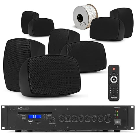 8x 3 BHW30BK Wall Mounted Speaker System with 120W Amplifier & CD Player – Commercial Background Music System, Weatherproof, Bluetooth, USB/SD MP3, XLR Mic Input - commercial speaker system