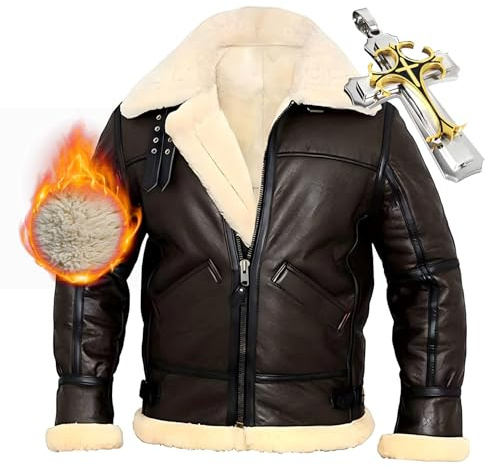HEATPOWEOK Mens RAF Aviator Leather Jacket Real Shearling Genuine Sheepskin Warm Fleece Winter Coat Windbreaker Thick Lapel Collar Combat, B3 Bomber Flight Flying Winter Coat WW2,Brown (TYP-1,XL)
