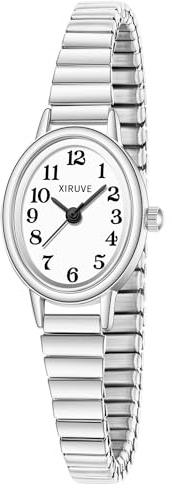 XIRUVE Klein Gut Lesbar Edelstahl Zugarmband Elastisch Armband Damen Analog Quarz Armbanduhr Wasserdicht
