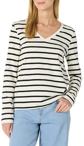 Amazon Essentials T-shirt à Manches Longues 100% Coton, Coupe Classique Femme, Coquille D’œuf Noir Mariner Rayures, XXS