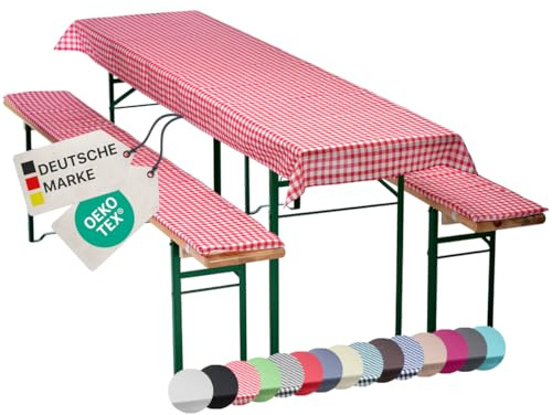 NYVI Bierbankauflagen Set NYVIGala 130x70 cm Rot Kariert - 1x Tischdecke für 110x50 cm Biertische & 2X Gepolsterte Auflage für 110x25 cm Bierbänke - Sitzauflage für Bierzeltgarnitur