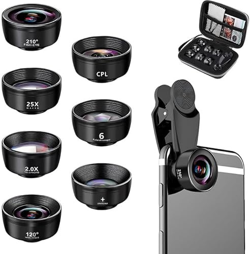 7 in 1 Handy Kamera Objektiv, Handy Objektiv Set mit 210° Fischaugenobjektiv, 120° Weitwinkel, 25x Makroobjektiv, Kaleidoscope, CPL, Star Filter Objektiv, Geeignet für Meisten Smartphones