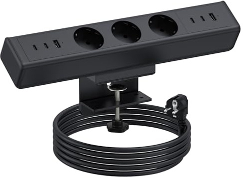 Tischsteckdose Klemmbar mit USB C, Haiaoyyds 3-Fach Steckdosenleiste mit 6 USB Ports,1,8m Kabel, Schreibtisch Steckdose für Büro & Zuhause (Schwarz)