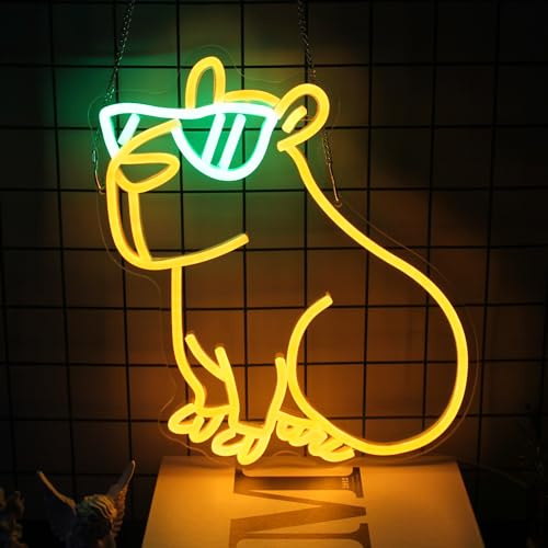 Capybara Neon Schild, LED Dimmbares Tier Leuchtschild für Kinderzimmer Deko | Acryl Neonlicht, USB Betrieben, Dimmbar, Cartoon Capipala mit Sonnenbrille Leuchtreklame, Schlafzimmer Party Deko, Geschenk