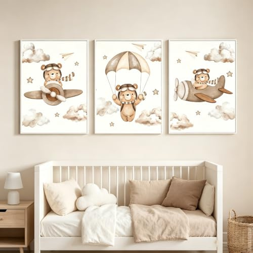BeiYiHo 3 Bilder Kinderzimmer Jungen Beige Poster Flugzeug Bär Babyzimmer 30x40cm Wandbilder Kinderzimmer Jungen Deko Poster Kinder Baby Geschenk ohne Rahmen