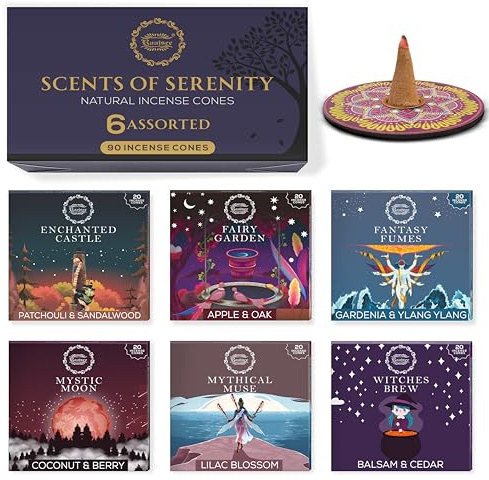 Raajsee Incense Cones, 6 Pack Scents of Sernity Cone Gift Pack 15 pc Each (90 Total), Insence Cones Variety Pack, 100% Organic Non Toxic Natural