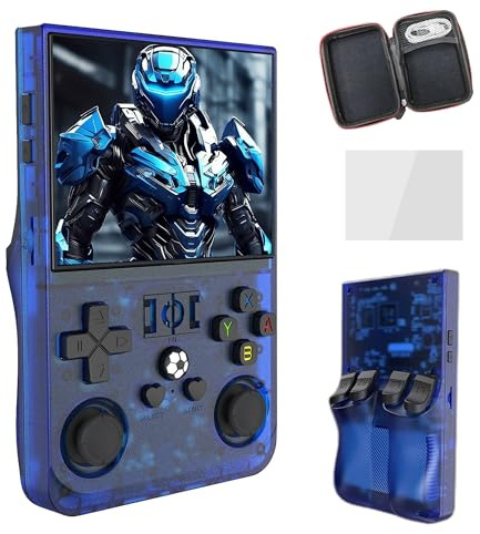 R36 Pro Console de Jeu Portable Rétro 22000+ Jeux,30+ émulateurs,4000mAh Console Portable,Système Linux Open Source Multiple,Écran IPS 3,5 Pouces,Console retrogaming Portable (Bleu transparent-128G)