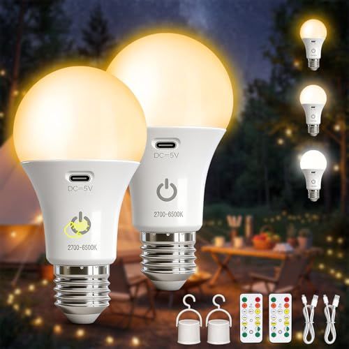 Kambo Bombilla E27 LED recargable con control remoto Sensor táctil, 2 pieza | 7W función temporizador, 3 temperaturas color para acampar al aire libre, diversión, camping