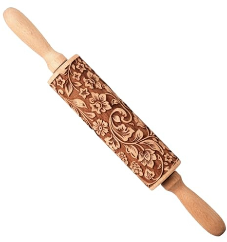 Embossed Rolling Pins for Baking 13.8 Inch Wooden Decorative Rolling Pins with 3D Flower Design for Biscuits Cookie Fondant Dough Decorative Embossed Pin