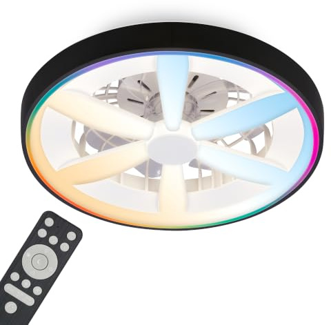 BRILONER - Ventilatore da soffitto con luce LED, telecomando, motore DC silenzioso con 5 velocità, RGBIC, CCT e luminosità regolabile, lampadario ventilatore da soffitto, lampadario, 48 cm, nero