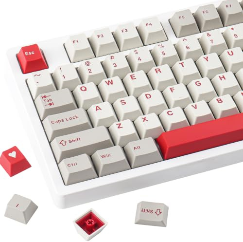 Hyekit Vintage Double Shot PBT Keycaps Set, 163 Keys Cherry Profile | Beige Gray Red Retro Design, Compatible with 60% 65% 75% 87% 100% Keyboards, Mechanical Gaming Keyboard Upgrade, Custom Build
