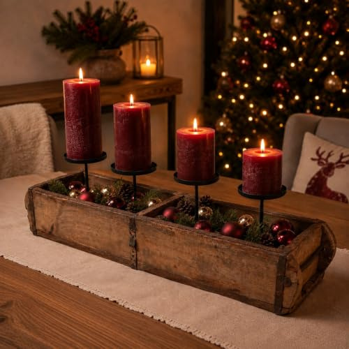 Adventskranz aus rustikalen Holz, Ziegelkasten mit Kerzenhaltern aus Metall | Naturprodukt mit besonderem Charakter