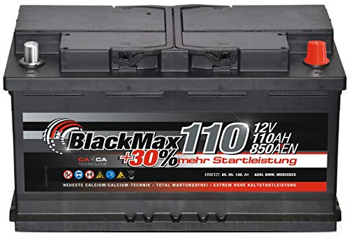 BlackMax Autobatterie 12V 110Ah 850A Starterbatterie | Für PKW, Transporter und Nutzfahrzeuge, Calcium-Plus, wartungsfrei, gefüllt und geladen