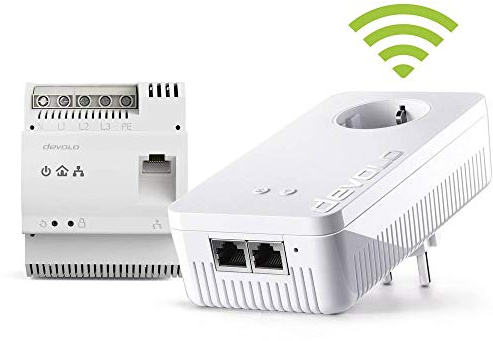 devolo Powerline Adapter, dLAN 1200+ DINrail WiFi ac Starter Kit -bis 1.200 Mbit/s, Hutschienen Adapter, WLAN Steckdose, 2x Gigabit LAN Anschluss, weiß