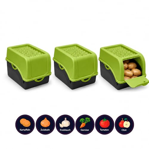 ARTECSIS® 3 x Kartoffel Aufbewahrungsbox mit Deckel für 4 kg Kartoffeln (grün) - Vorratsbehälter & Vorratsdosen Gemüse & Lebensmittel - Kartoffelbox, Zwiebelbox, Gemüsebox (inkl. 6 Aufkleber)