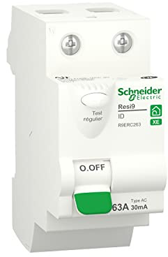 Schneider Electric R9ERC263 Resi9 XE, interrupteur différentiel, 2P - 63A, 30mA, Type AC, embrochable