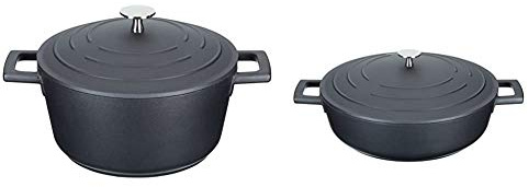 MasterClass Lightweight Casserole Dish with Lid, Cast Aluminium, Black, 2.5 Litre / 20 cm + MasterClass Shallow Casserole Dish with Lid, Lightweight Cast Aluminium, Black, 4 Litre / 28 cm