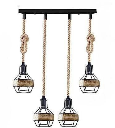 DC VOLTAGE Rope Pendant Light 4 Head Cage Industrial Kitchen Island Dining | hemp rope black metal cage lampshade E27, adjustable cable to 95cm, for cafe bar restaurant hallway bedroom loft