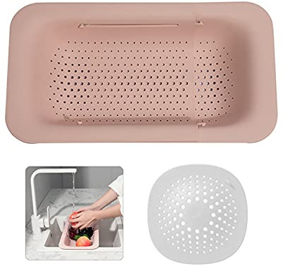 Koomuao Waschbecken Filterablage,Einstellbarer Siebkorb für Spülbecken,Spüle zubehör Küchenhelfer für Geschirr Obst Gemüse, Plastik Filterablage zum Waschen,Küchenutensilien (Rosa)