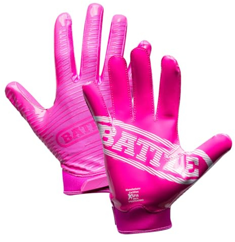 Battle Sports Doom 1.0 Wide Receiver Football Gloves, Ultra Stick Adult & Youth Gloves - Youth Large, Pink