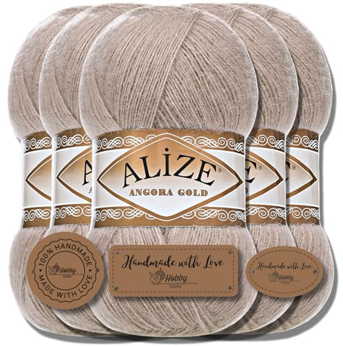 Hobby YARN 3x Etikettenlabel mit Alize Angora Gold Wolle Premium 5x100g als Set, Yarn, Garn, Dünne Mohair aus Schurwolle, Uni, Einfarbig, Strickgarn (Mink - 541)