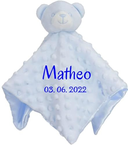 Wuff-Dogsworld Baby Kuscheltuch VIELE Modelle mit Namen Bestickt Geschenk Taufe Geburt Schmusetuch Schnuffeltuch Trösterchen Junge Mädchen (blau Teddy)