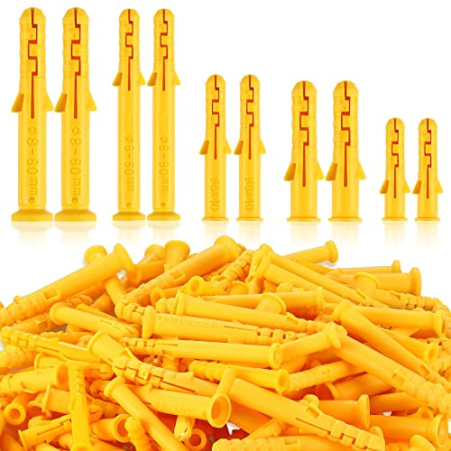 Sasylvia 200 Pcs 5 Sizes Yellow Plastic Drywall Anchors Wall Anchors Kit Assortment for Drywall Hanging Mounting Installation Home Office