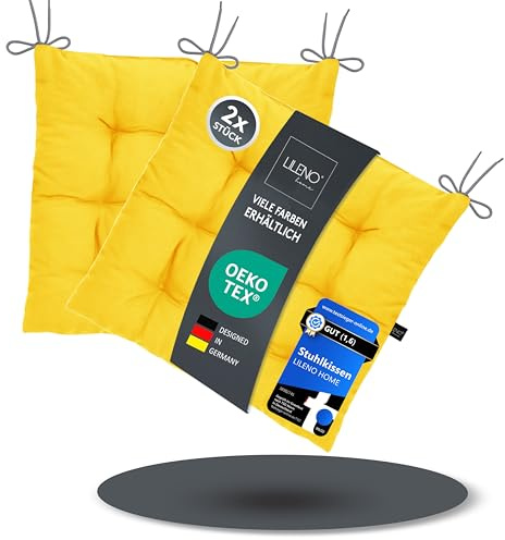 LILENO HOME 2er Set Stuhlkissen 02 Gelb (40x40x6 cm) - Sitzkissen für Garten, Küche oder Esszimmer - UV-beständige Indoor u. Outdoor Stuhlauflage als Stuhl-Kissen (Linda FUM)