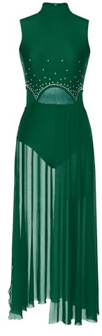 Doomiva Damen Tanzkleid Ärmellose Tanzanzug Lyrischen Kleid Tanz Trikotanzug Asymmetrisch Rock Latein Kleid Mit Strass Xa Grün M