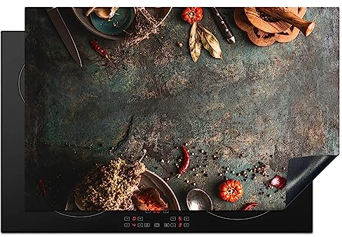 KitchenYeah© Herdabdeckplatte Einteilig Ceranfeld Abdeckplatte Küche Deko | 80x52 cm - Ceranfeldabdeckung Herdabdeckung Induktionsmatte Marmor - Gemüse - Herbst - Kürbis - Rustikal - Gewürze