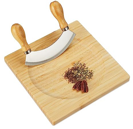 Relaxdays Wiegemesser mit Brett, Bambus & Edelstahl, einschneidiges Kräutermesser, Kräuterbrett 20 x 20 cm, natur/silber