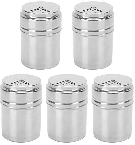 5 Pcs Stainless Steel Salt and Pepper Shakers Set, Metal Salt Pepper Dredge Shakers with Adjustable Pour Holes, Seasoning Cans Spice Dispenser for Kitchen Dinner Table Cooking Baking Camping
