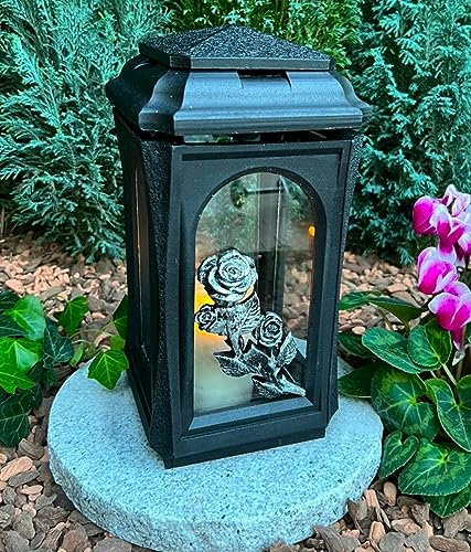 Grablampe Grablicht Laterne Kerze Grablaterne in Schwarz Farbe mit Rose NEU! NEU! - Grabkerze Grabdekoration 27 cm H. Grabschmuck Neue Model ohne Sockel.