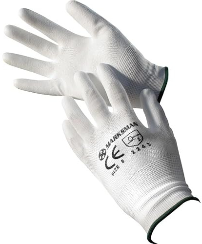 BARGAINS-GALORE 12 Pairs White Work Gloves | Mechanic Builders Safety Nylon Construction | Pu Coated | Secure Grip On Palm & Fingers | Ideal For General Duty Work, Gardening, Building (MEDIUM)