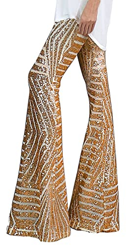 Glitzer Strumpfhose Damen Festival Pailletten High Waist Bootcut Hose Mit Mode Glänzend Hight Taille Discotanz Lang Hosen Party Strassenmode Weites Bein Elastisch Elegant Outdoorhose (Khaki, S)