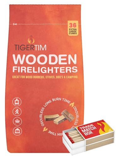 Tiger Tim Natural Wooden Firelighters with Trade Matchbox-Sustainably Sourced Wood Fire Lighters for Fire Places, Pizza Ovens, Stoves & BBQ's-Ready to Burn-36 Pieces Odourless Fire Lighter- (1 Pack)