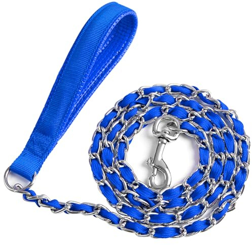 LUFFWELL Heavy Duty Metal Dog Chain Leash with Comfortable PU Leather Padded Handle, Chew Proof, 6ft 3.0mm Blue