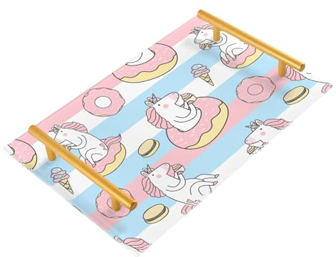 Wudan Unicorns Donut Pink Decorative Tray with Handles Food Serving Tray Farmhouse Tray for Jewelry Perfume Decorative Table Restaurant Serving, E03T22003